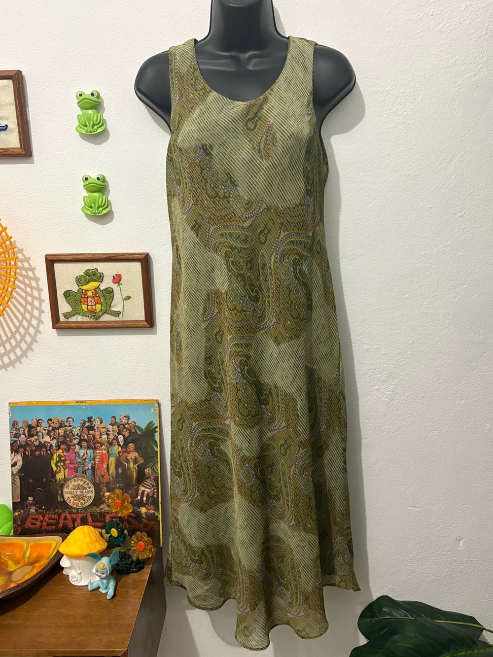 Vintage 90s Sleeveless Olive Green Paisley A-Line Sheer Overal Midi Dress